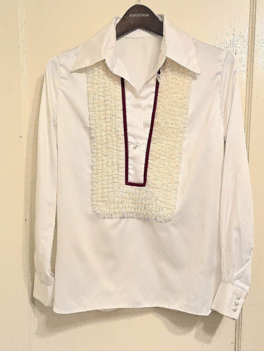 Vintage 60s/70s Handmade Tuxedo Blouse Ivory Lace, Red Velvet Trim Sz 12/14